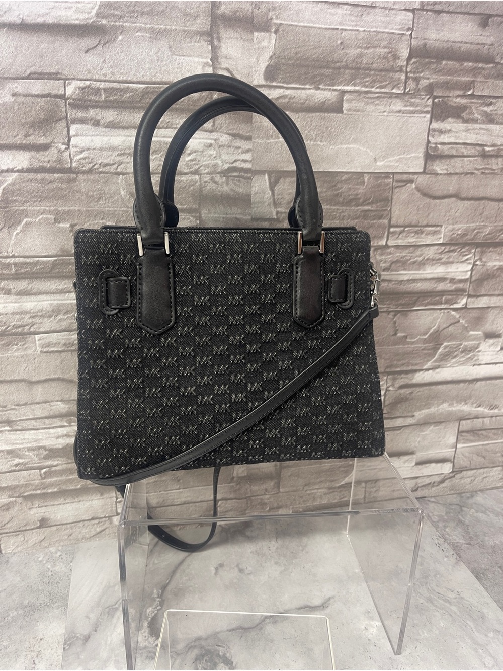 Michael Kors Hamilton Small Black Denim Logo Satchel & Matching Wallet - Picture 3 of 15